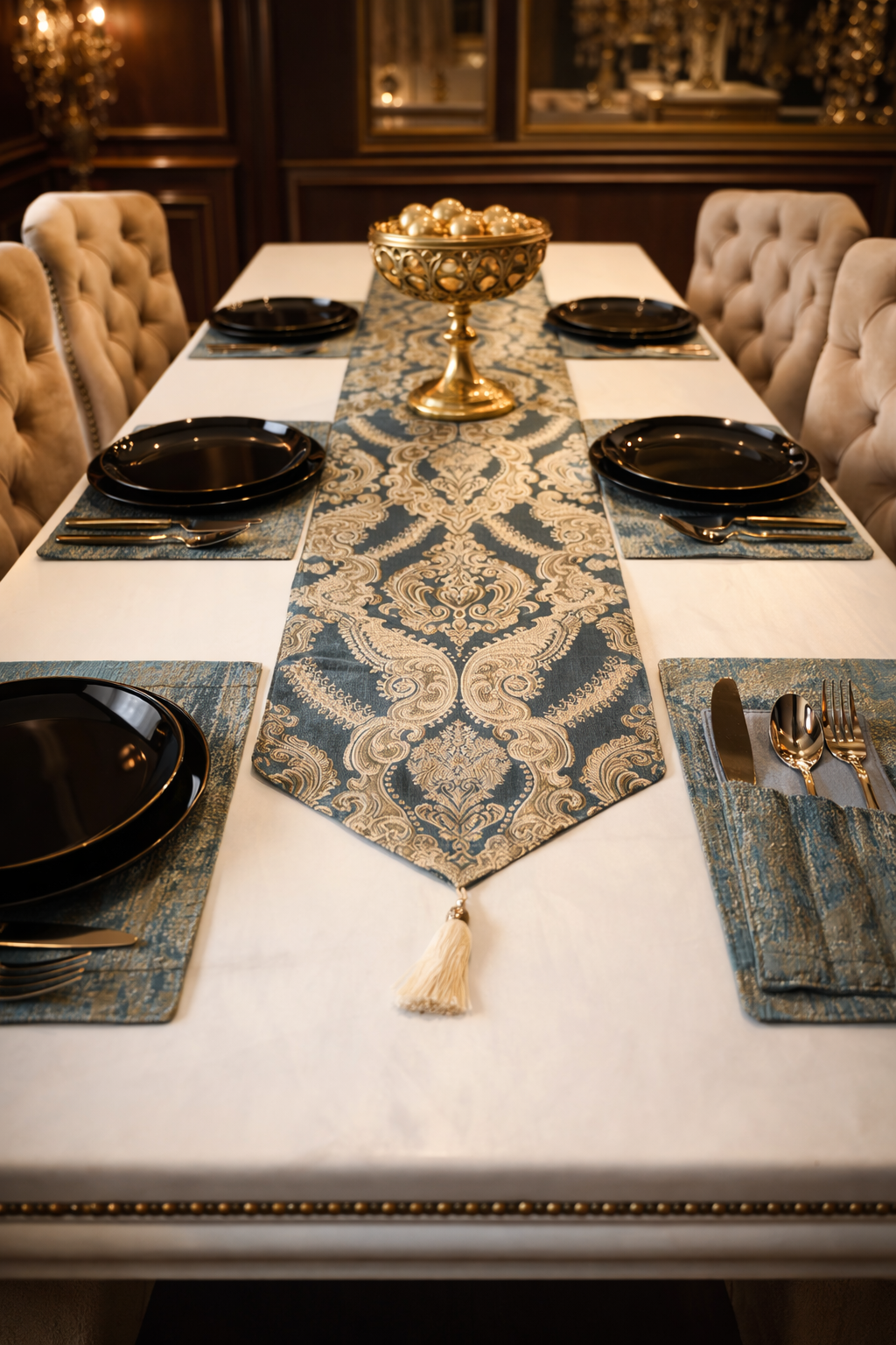 Crown Damask Blue Table Runner Set